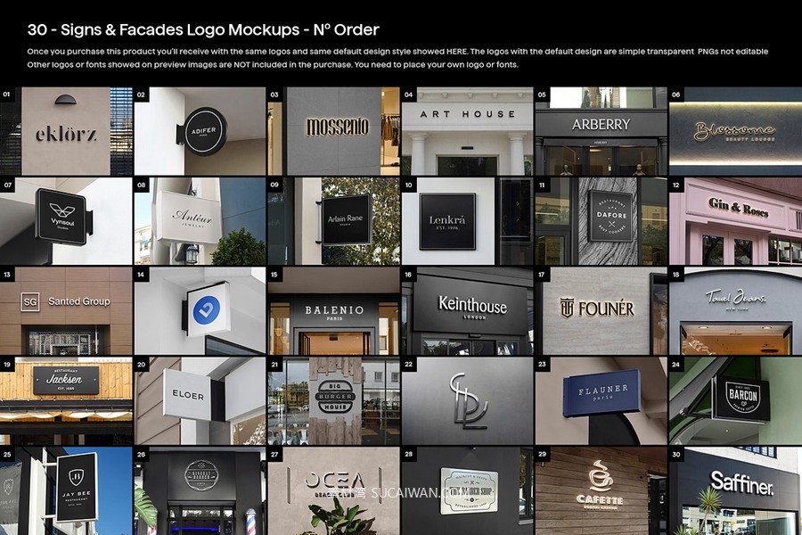 30款逼真街边店铺店招徽标标牌标志logo设计展示效果图ps贴图样机模板 Asylab – 30 Signs & Facade Logo Mockups – V3 , sucaiwan.com