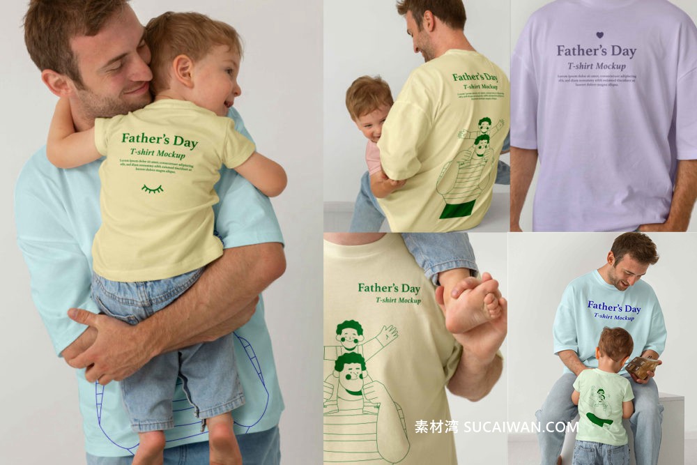 6款国外模特亲子装T恤半袖印花图案设计Ps贴图样机模板 T-shirt Mockup , sucaiwan.com