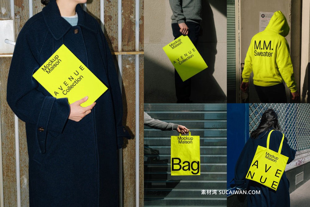 5款国外小众海报帆布袋手提纸袋连衣帽卫衣Vi贴图PSD样机模板 Mockup.Maison – Avenue Collection Vol 1 , sucaiwan.com