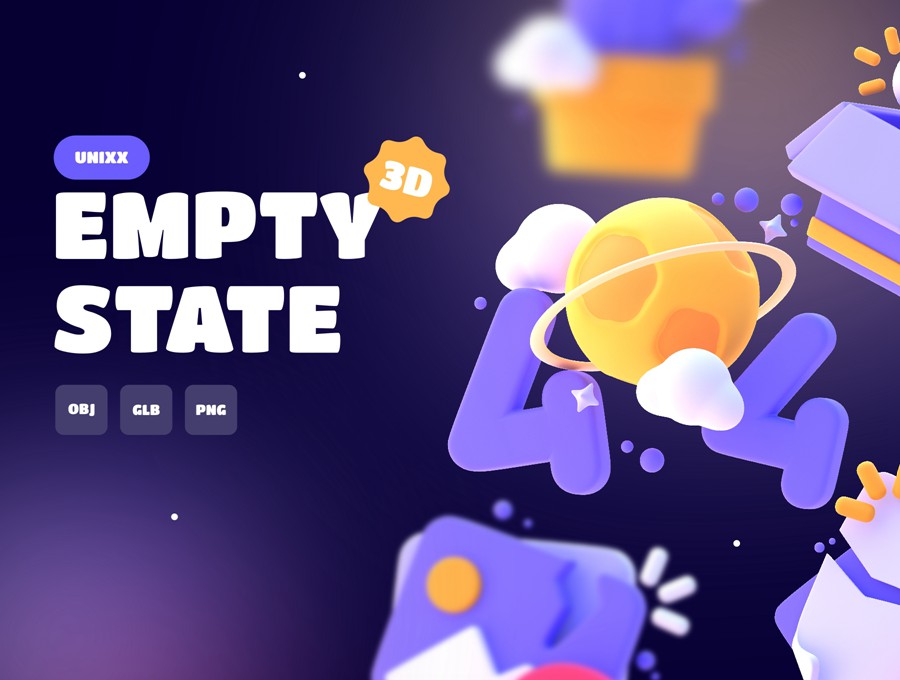 15款卡通趣味网页手机404空状态占位图标插图设计Blender/Png格式素材 UNIXX – Empty State Element 3D , sucaiwan.com