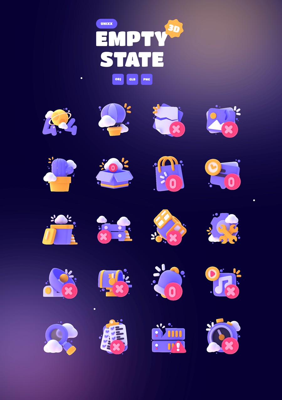 15款卡通趣味网页手机404空状态占位图标插图设计Blender/Png格式素材 UNIXX – Empty State Element 3D , sucaiwan.com