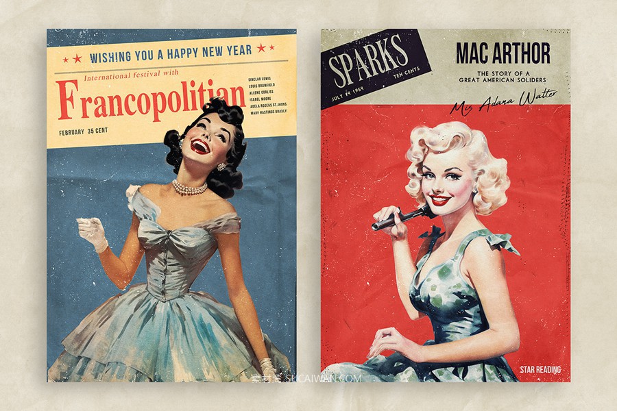 15款50年代做旧划痕书籍画册杂志海报封面设计PSD分层源文件模板 50’s Magazine Cover Templates , 第11张-素材湾丨精选海外优质设计素材资源 15款50年代做旧划痕书籍画册杂志海报封面设计PSD分层源文件模板 50’s Magazine Cover Templates , sucaiwan.com