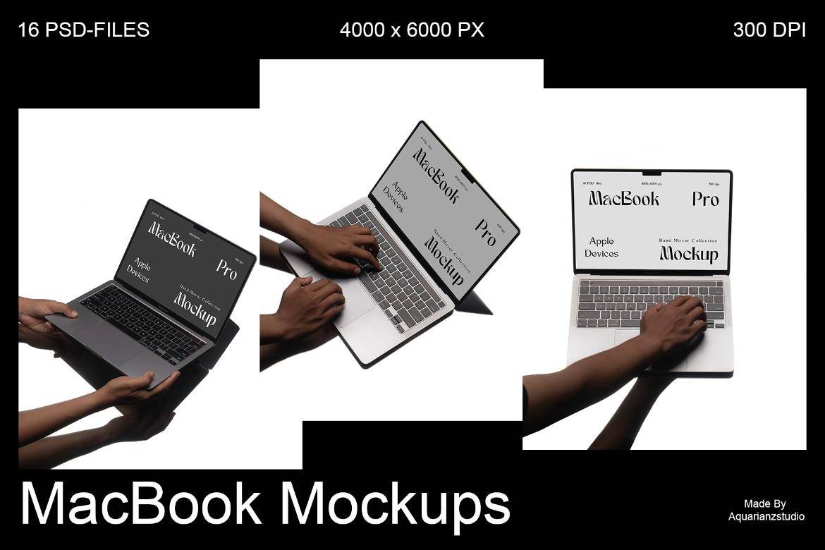 16款极简网站ui界面作品集设计手持苹果MacBook笔记本电脑贴图PSD样机模板 MacBook Mockups , sucaiwan.com