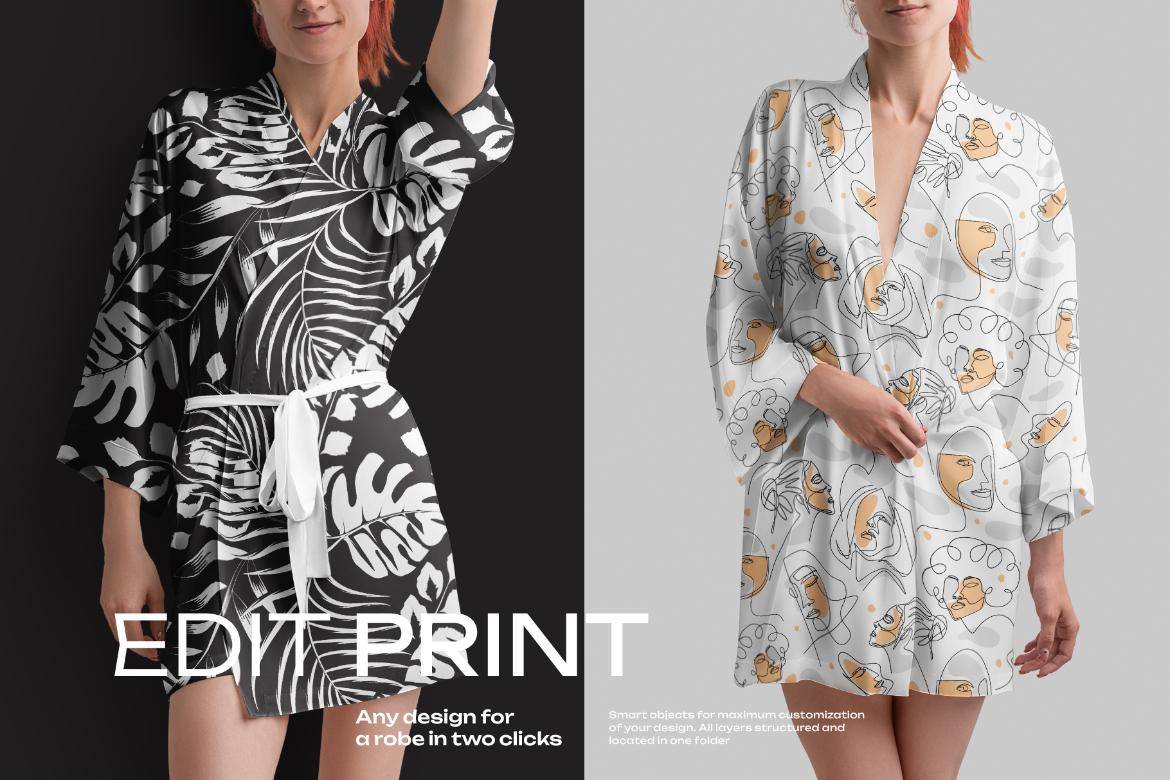 6款国外模特真丝女式睡衣睡袍睡裙印花图案设计PS智能贴图样机模板 6 Mockups of a Silk Robe. Vol 02 , 第4张-素材湾丨精选海外优质设计素材资源 6款国外模特真丝女式睡衣睡袍睡裙印花图案设计PS智能贴图样机模板 6 Mockups of a Silk Robe. Vol 02 , sucaiwan.com