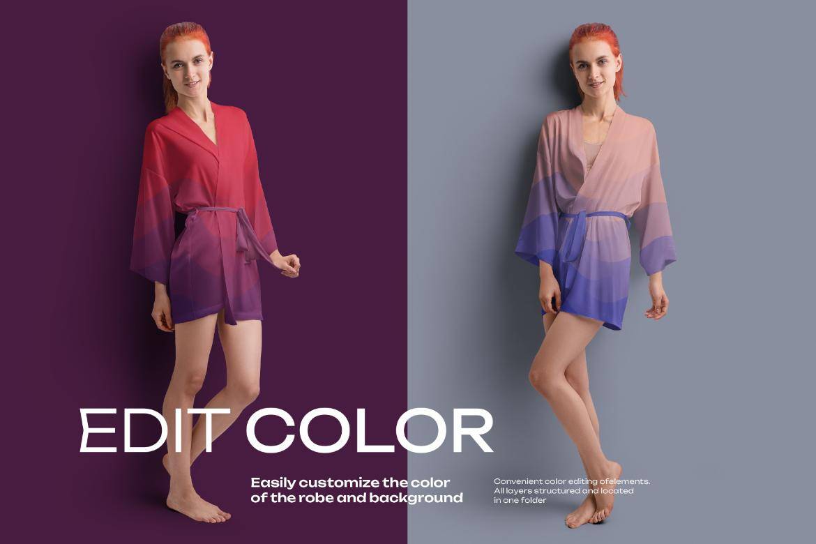 6款国外模特真丝女式睡衣睡袍睡裙印花图案设计PS智能贴图样机模板 6 Mockups of a Silk Robe. Vol 02 , 第2张-素材湾丨精选海外优质设计素材资源 6款国外模特真丝女式睡衣睡袍睡裙印花图案设计PS智能贴图样机模板 6 Mockups of a Silk Robe. Vol 02 , sucaiwan.com