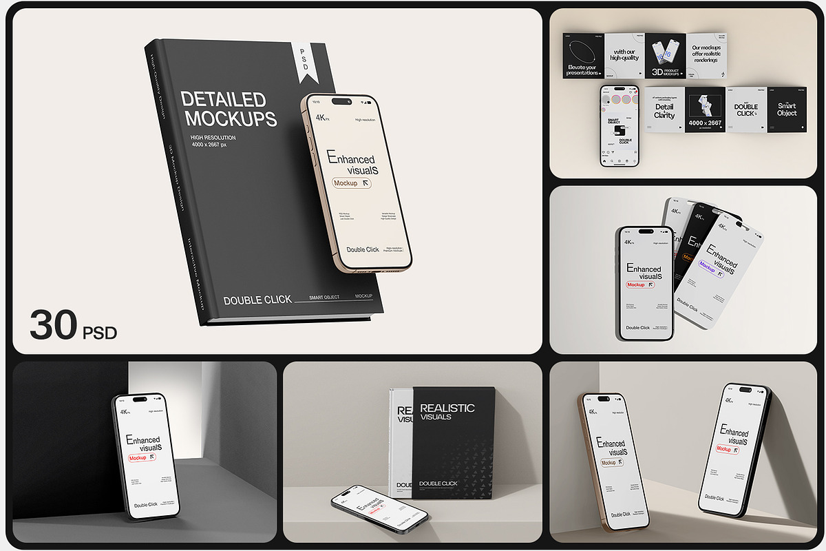 30款逼真ui界面作品集设计苹果iPhone16 Pro手机书籍折页展示效果图PSD样机模板 Smartphone & Book with Card Mockup Set , sucaiwan.com