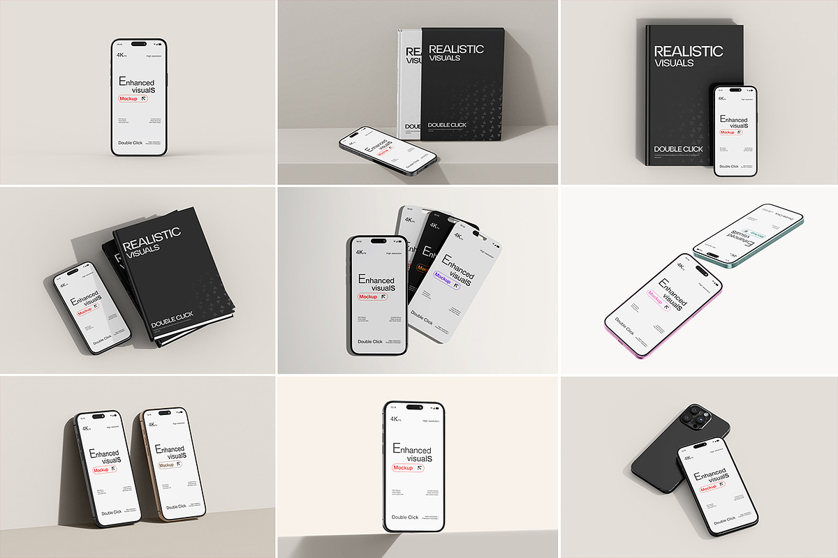 30款逼真ui界面作品集设计苹果iPhone16 Pro手机书籍折页展示效果图PSD样机模板 Smartphone & Book with Card Mockup Set , sucaiwan.com