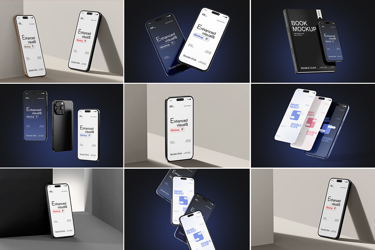 30款逼真ui界面作品集设计苹果iPhone16 Pro手机书籍折页展示效果图PSD样机模板 Smartphone & Book with Card Mockup Set , sucaiwan.com