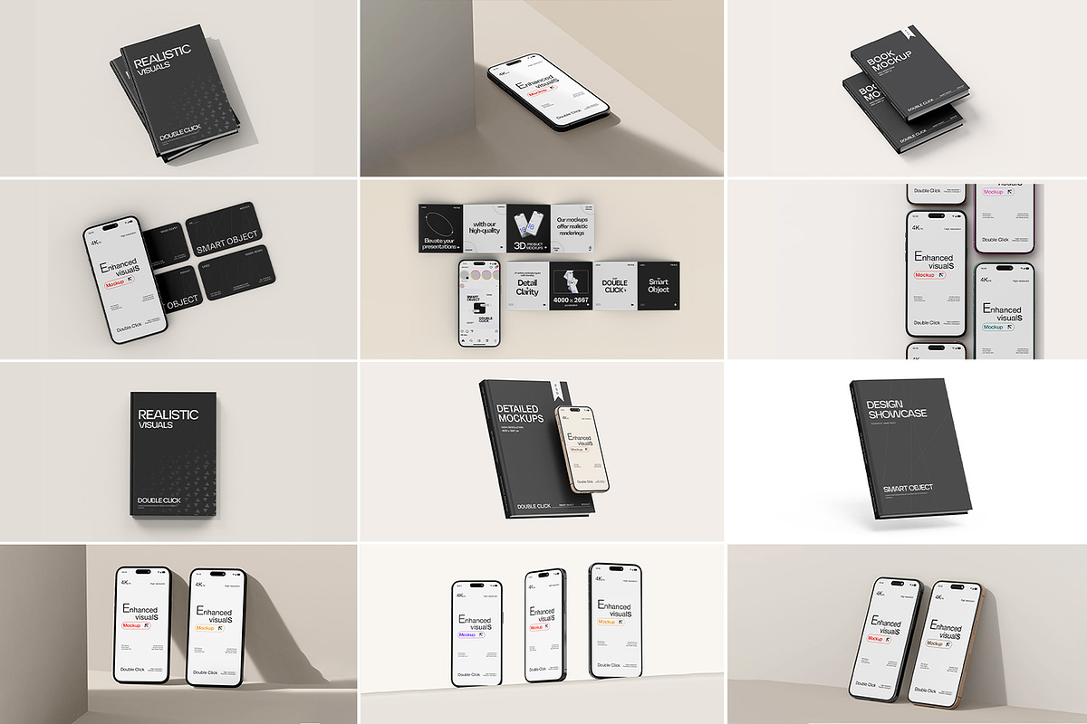 30款逼真ui界面作品集设计苹果iPhone16 Pro手机书籍折页展示效果图PSD样机模板 Smartphone & Book with Card Mockup Set , sucaiwan.com