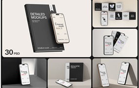 30款逼真ui界面作品集设计苹果iPhone16 Pro手机书籍折页展示效果图PSD样机模板 Smartphone & Book with Card Mockup Set