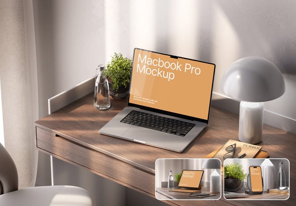 3款时尚工作环境UI界面设计MacBook电脑iPhone手机iPad平板展示效果图PS样机模板 Workspace Device Mockup Set , 第1张-素材湾丨精选海外优质设计素材资源 3款时尚工作环境UI界面设计MacBook电脑iPhone手机iPad平板展示效果图PS样机模板 Workspace Device Mockup Set , sucaiwan.com