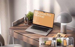 3款时尚工作环境UI界面设计MacBook电脑iPhone手机iPad平板展示效果图PS样机模板 Workspace Device Mockup Set