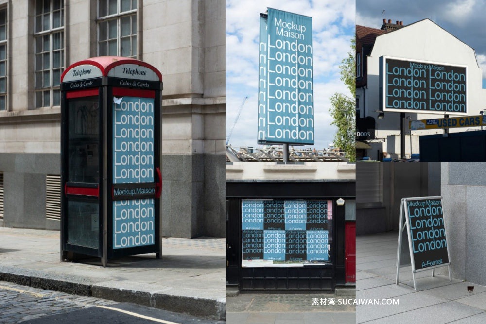 5款国外伦敦街头车站店铺墙面横幅广告牌海报设计展示PS贴图样机模板Mockup.Maison – London Poster & Billboard Mockup Collection Vol 2 , sucaiwan.com