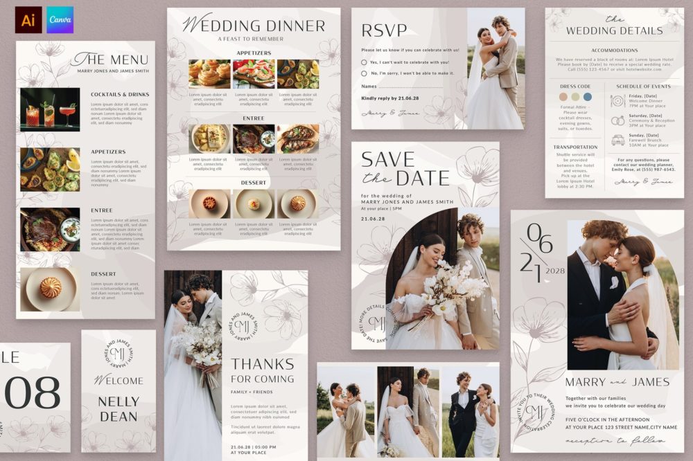 优雅温馨婚礼请柬海报邀请函设计AI矢量素材 Wedding Invitations set , sucaiwan.com