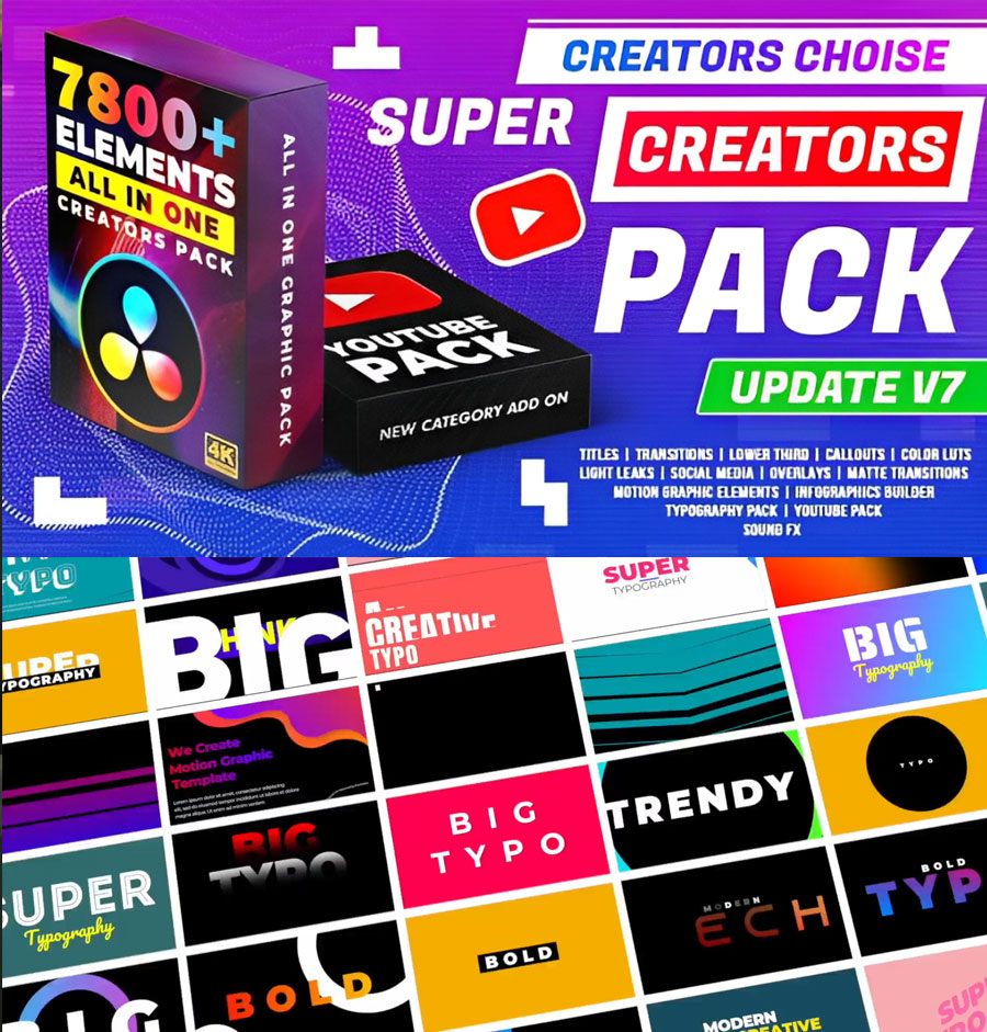达芬奇预设：7800个超级创意文字标题排版字幕条+LUTS+无缝转场+叠加+音效合集V7 Super Creators Pack (7800+ Elements) , sucaiwan.com