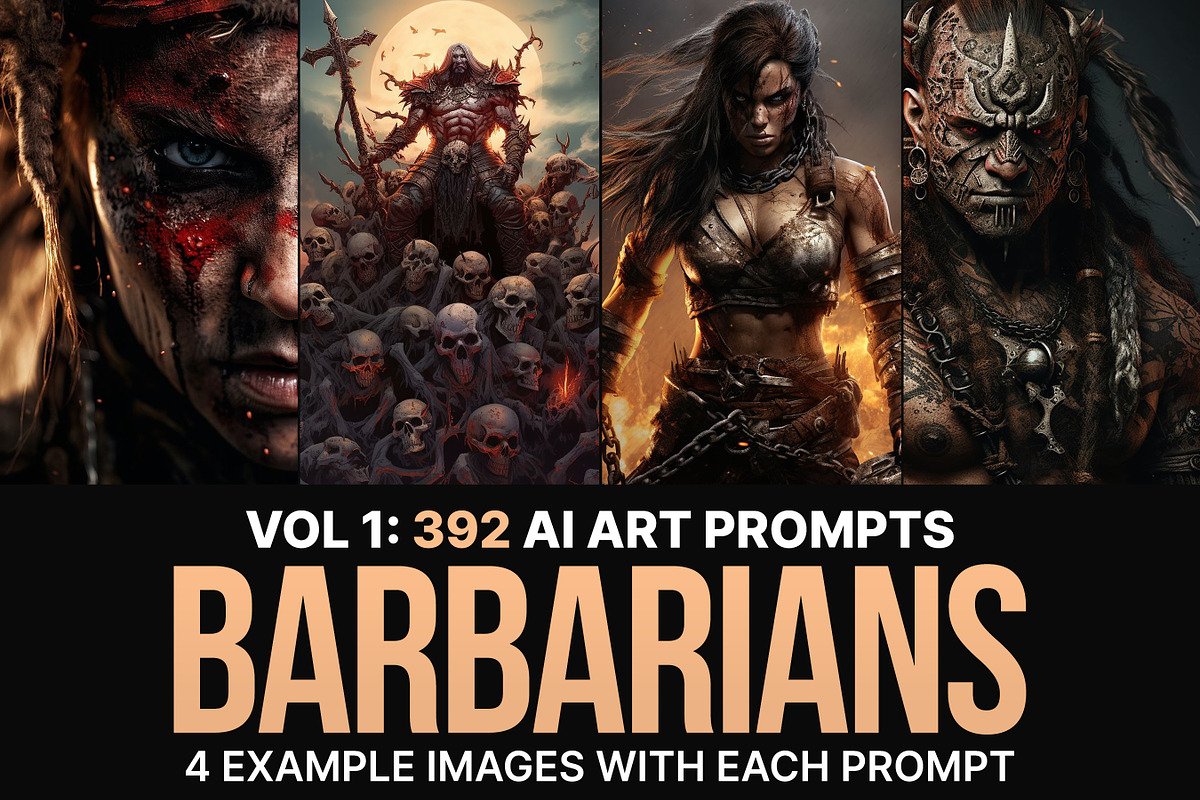392组Ai智能Midjourney生成游戏人物野蛮人手机电脑壁纸图片+代码关键词素材 392 Midjourney Prompts for Barbarians , sucaiwan.com