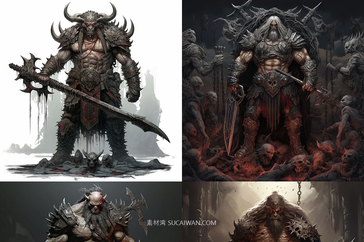 392组Ai智能Midjourney生成游戏人物野蛮人手机电脑壁纸图片+代码关键词素材 392 Midjourney Prompts for Barbarians , sucaiwan.com