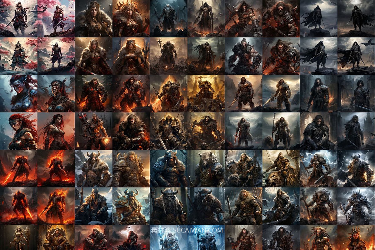 392组Ai智能Midjourney生成游戏人物野蛮人手机电脑壁纸图片+代码关键词素材 392 Midjourney Prompts for Barbarians , sucaiwan.com