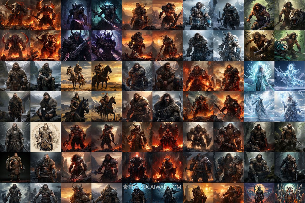 392组Ai智能Midjourney生成游戏人物野蛮人手机电脑壁纸图片+代码关键词素材 392 Midjourney Prompts for Barbarians , sucaiwan.com