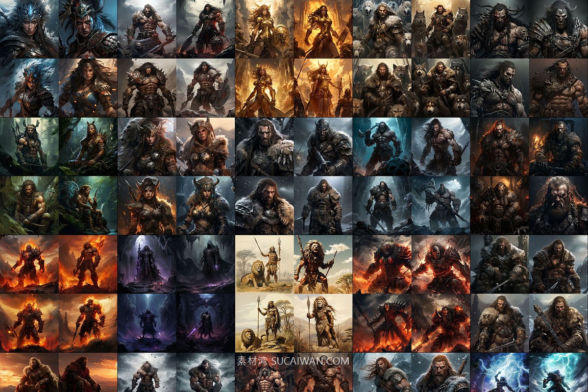392组Ai智能Midjourney生成游戏人物野蛮人手机电脑壁纸图片+代码关键词素材 392 Midjourney Prompts for Barbarians , sucaiwan.com