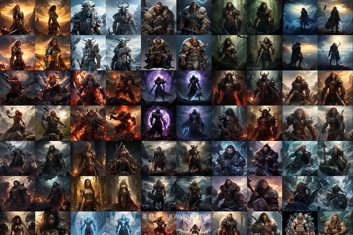 392组Ai智能Midjourney生成游戏人物野蛮人手机电脑壁纸图片+代码关键词素材 392 Midjourney Prompts for Barbarians , sucaiwan.com