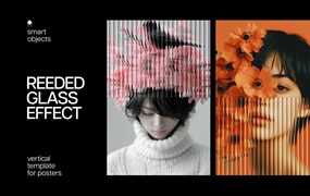 复古透明玻璃折射照片效果ps特效滤镜样机 Reeded Glass Poster Effect