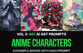 401组Ai人工智能Midjourney生成动漫漫画角色电脑手机壁纸图片/关键词代码咒语素材包 401 Midjourney Prompts for Anime Characters: Vol 3