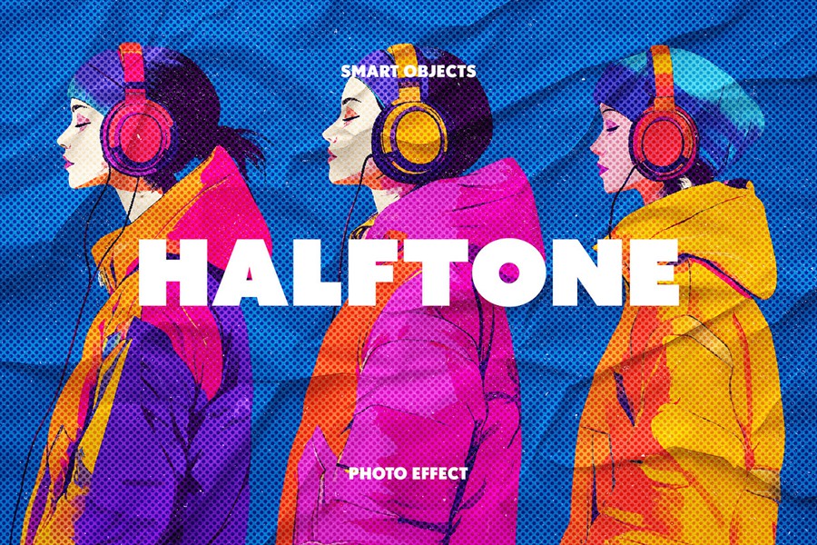 复古半色调褶皱照片效果ps特效滤镜样机 Halftone Crumpled Paper Effect , sucaiwan.com