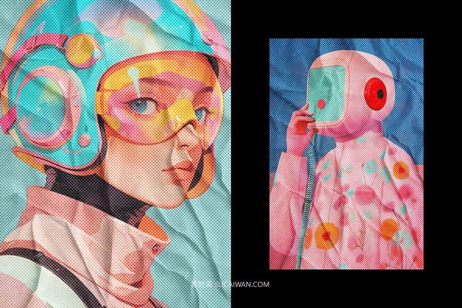 复古半色调褶皱照片效果ps特效滤镜样机 Halftone Crumpled Paper Effect , sucaiwan.com