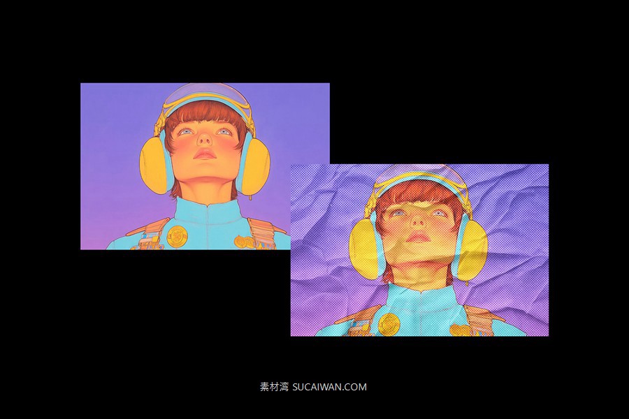 复古半色调褶皱照片效果ps特效滤镜样机 Halftone Crumpled Paper Effect , sucaiwan.com