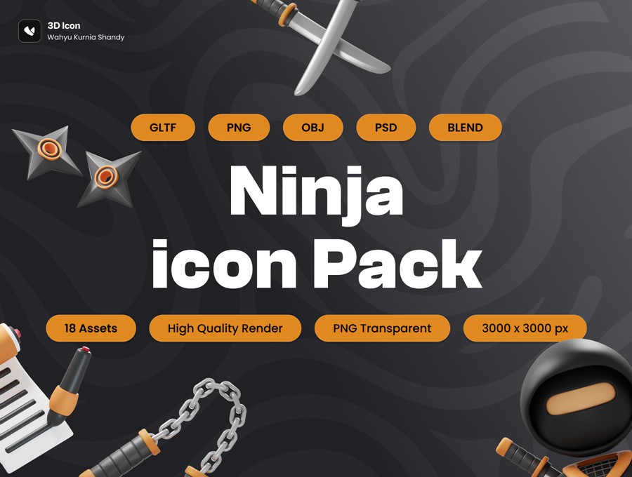 18款卡通3D立体日本武士元素武器刀剑飞镖服装图标Icons设计Blender/Psd/Png格式素材 Ninja 3D Icon Pack , 第1张-素材湾丨精选海外优质设计素材资源 18款卡通3D立体日本武士元素武器刀剑飞镖服装图标Icons设计Blender/Psd/Png格式素材 Ninja 3D Icon Pack , sucaiwan.com