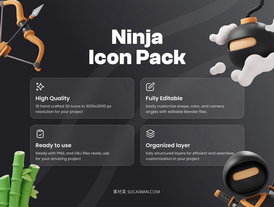 18款卡通3D立体日本武士元素武器刀剑飞镖服装图标Icons设计Blender/Psd/Png格式素材 Ninja 3D Icon Pack , 第2张-素材湾丨精选海外优质设计素材资源 18款卡通3D立体日本武士元素武器刀剑飞镖服装图标Icons设计Blender/Psd/Png格式素材 Ninja 3D Icon Pack , sucaiwan.com