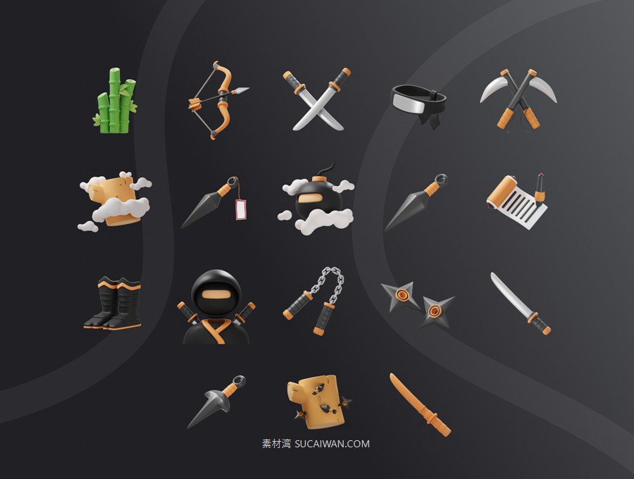 18款卡通3D立体日本武士元素武器刀剑飞镖服装图标Icons设计Blender/Psd/Png格式素材 Ninja 3D Icon Pack , 第5张-素材湾丨精选海外优质设计素材资源 18款卡通3D立体日本武士元素武器刀剑飞镖服装图标Icons设计Blender/Psd/Png格式素材 Ninja 3D Icon Pack , sucaiwan.com