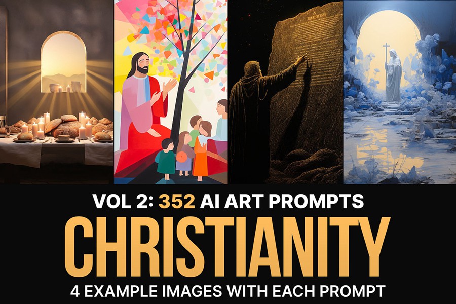352组Ai智能Midjourney生成基督教元素手机电脑壁纸图片+代码咒语关键词素材 352 Midjourney Prompts for Christianity: Vol2 , sucaiwan.com