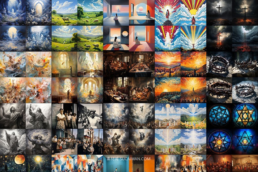 352组Ai智能Midjourney生成基督教元素手机电脑壁纸图片+代码咒语关键词素材 352 Midjourney Prompts for Christianity: Vol2 , sucaiwan.com