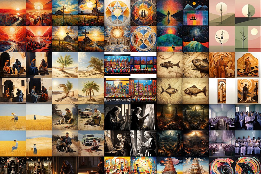 352组Ai智能Midjourney生成基督教元素手机电脑壁纸图片+代码咒语关键词素材 352 Midjourney Prompts for Christianity: Vol2 , sucaiwan.com