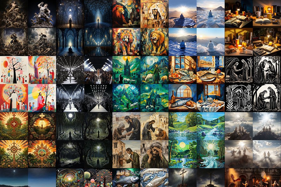 352组Ai智能Midjourney生成基督教元素手机电脑壁纸图片+代码咒语关键词素材 352 Midjourney Prompts for Christianity: Vol2 , sucaiwan.com