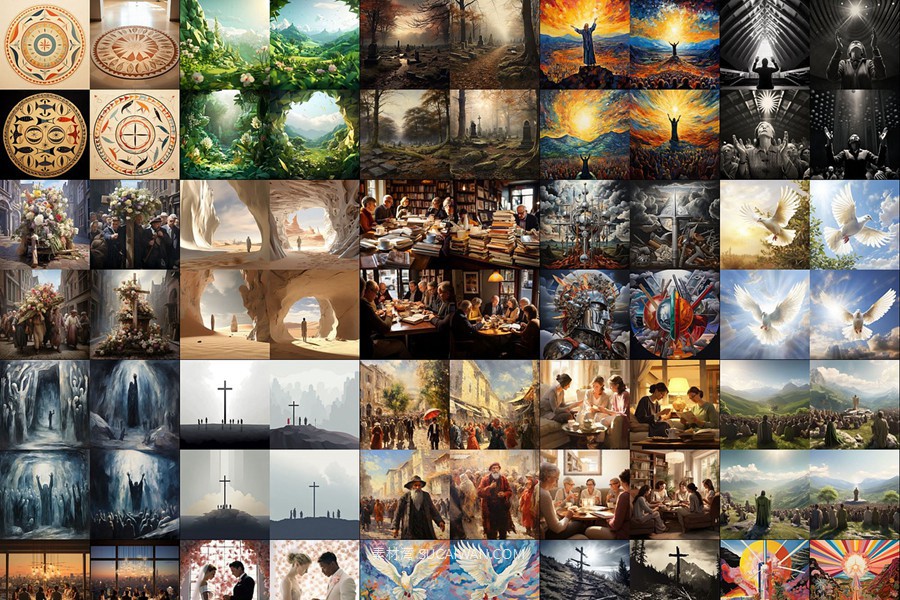 352组Ai智能Midjourney生成基督教元素手机电脑壁纸图片+代码咒语关键词素材 352 Midjourney Prompts for Christianity: Vol2 , sucaiwan.com