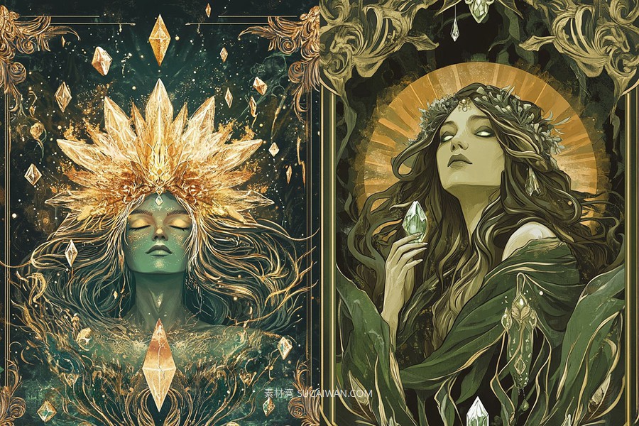 436组Ai智能Midjourney生成塔罗牌卡牌手机电脑壁纸图片+代码咒语关键词素材 436 Ai Art Prompts For Card Art Vol 3 , sucaiwan.com