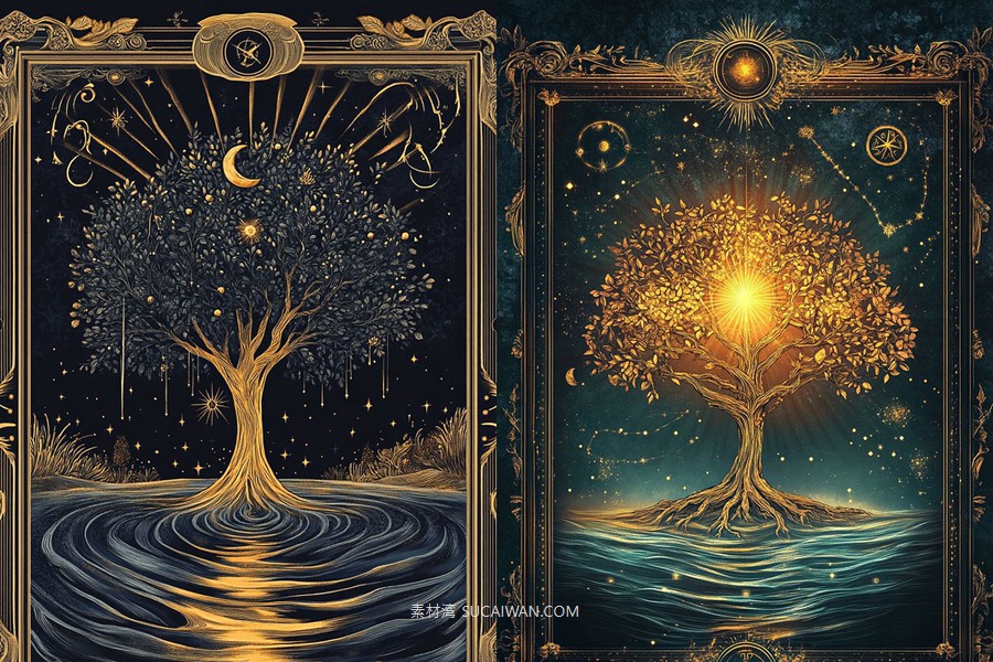 436组Ai智能Midjourney生成塔罗牌卡牌手机电脑壁纸图片+代码咒语关键词素材 436 Ai Art Prompts For Card Art Vol 3 , sucaiwan.com