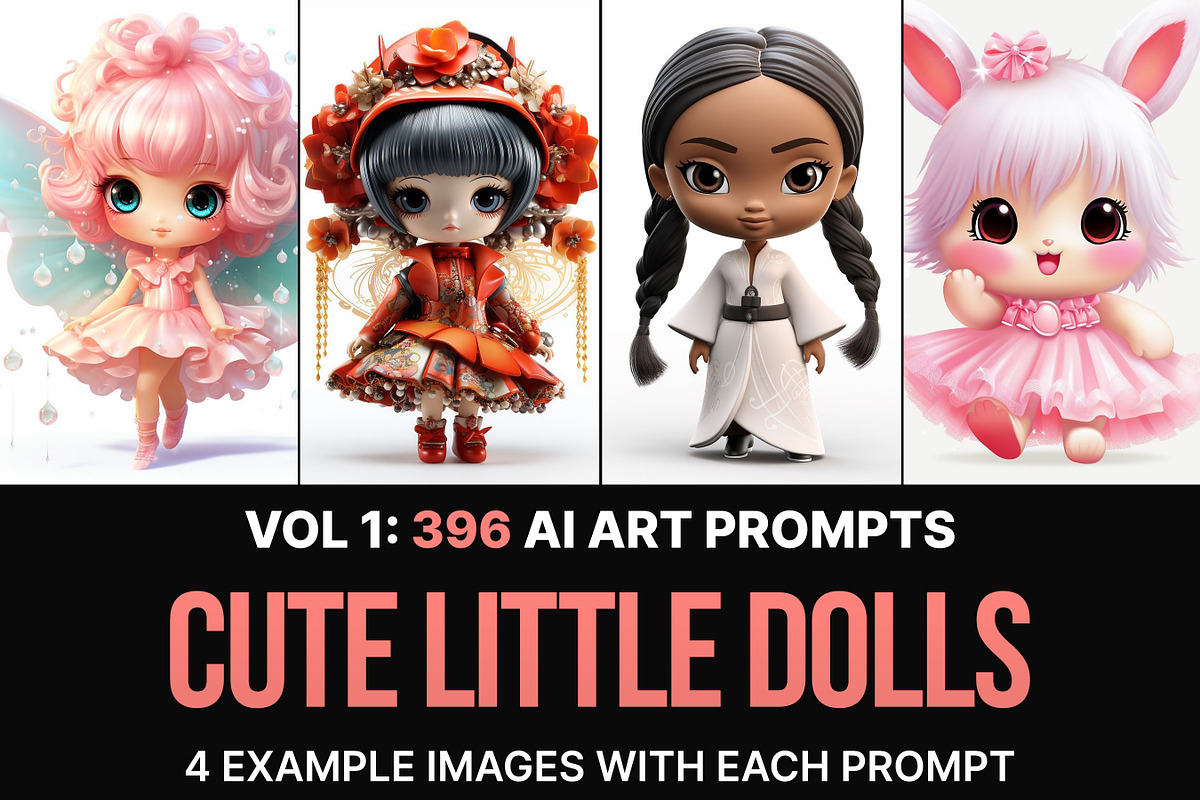 396款Ai智能Midjourney生成可爱卡通小娃娃手机电脑壁纸图片+代码咒语关键词素材 396 Midjourney Prompts for Little Dolls , sucaiwan.com