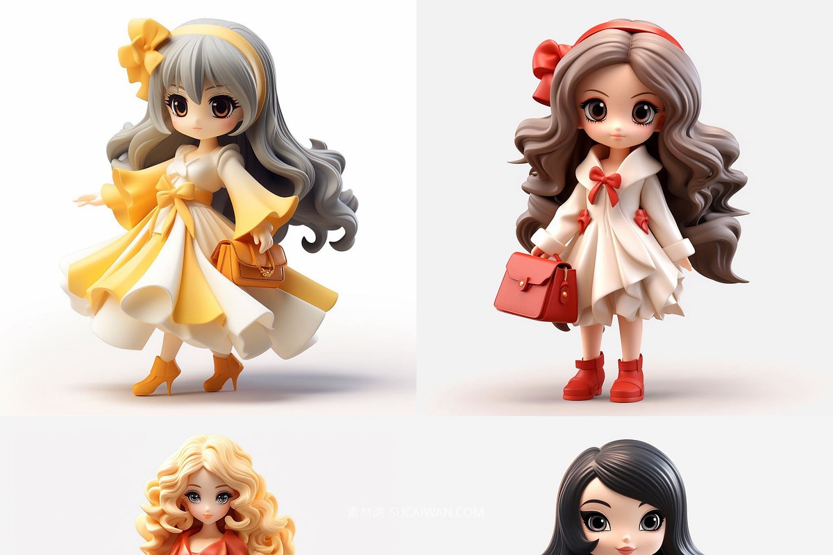 396款Ai智能Midjourney生成可爱卡通小娃娃手机电脑壁纸图片+代码咒语关键词素材 396 Midjourney Prompts for Little Dolls , sucaiwan.com