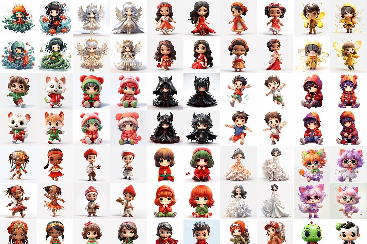 396款Ai智能Midjourney生成可爱卡通小娃娃手机电脑壁纸图片+代码咒语关键词素材 396 Midjourney Prompts for Little Dolls , sucaiwan.com