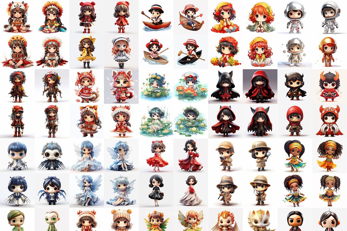 396款Ai智能Midjourney生成可爱卡通小娃娃手机电脑壁纸图片+代码咒语关键词素材 396 Midjourney Prompts for Little Dolls , sucaiwan.com