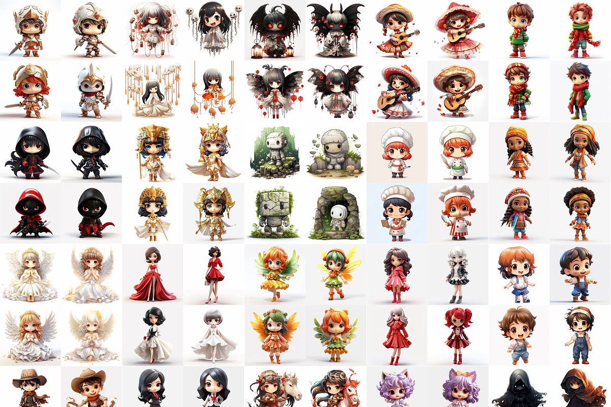 396款Ai智能Midjourney生成可爱卡通小娃娃手机电脑壁纸图片+代码咒语关键词素材 396 Midjourney Prompts for Little Dolls , sucaiwan.com