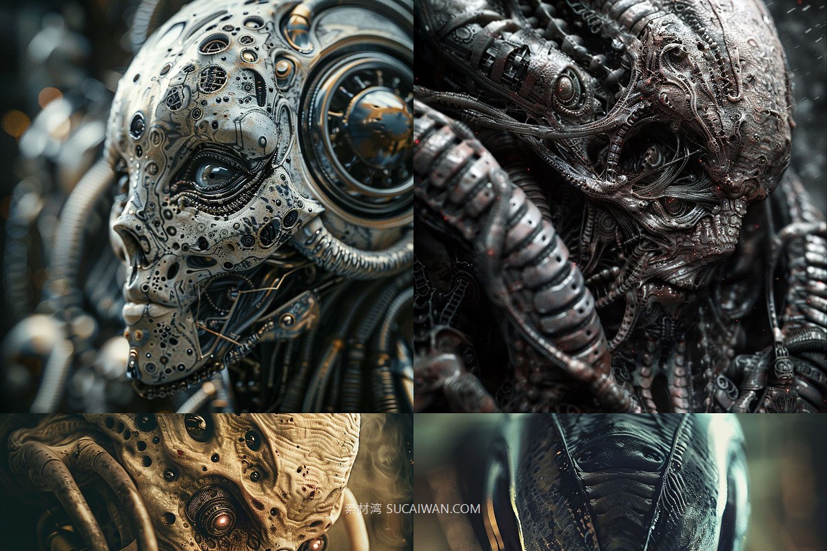 439组Ai智能Midjourney生成科幻赛博朋克风格手机电脑壁纸图片+代码咒语关键词素材 439 Midjourney Prompts for Dark Sci-fi: Vol 4 , sucaiwan.com