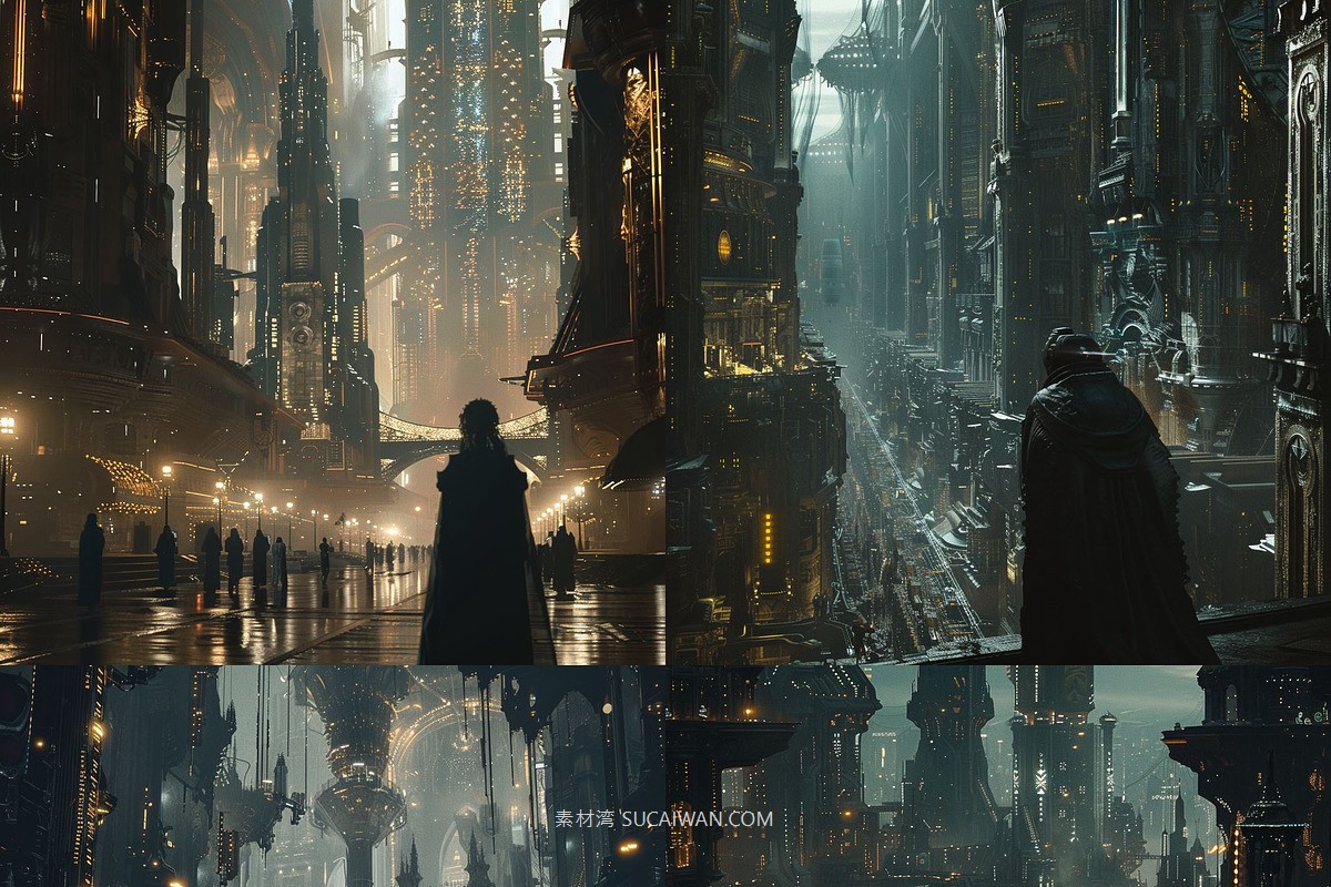 439组Ai智能Midjourney生成科幻赛博朋克风格手机电脑壁纸图片+代码咒语关键词素材 439 Midjourney Prompts for Dark Sci-fi: Vol 4 , sucaiwan.com