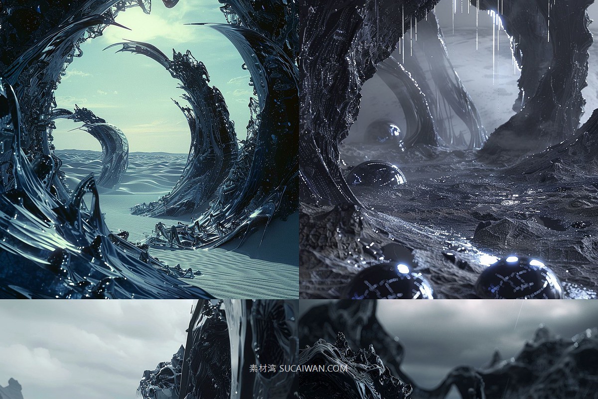 439组Ai智能Midjourney生成科幻赛博朋克风格手机电脑壁纸图片+代码咒语关键词素材 439 Midjourney Prompts for Dark Sci-fi: Vol 4 , sucaiwan.com