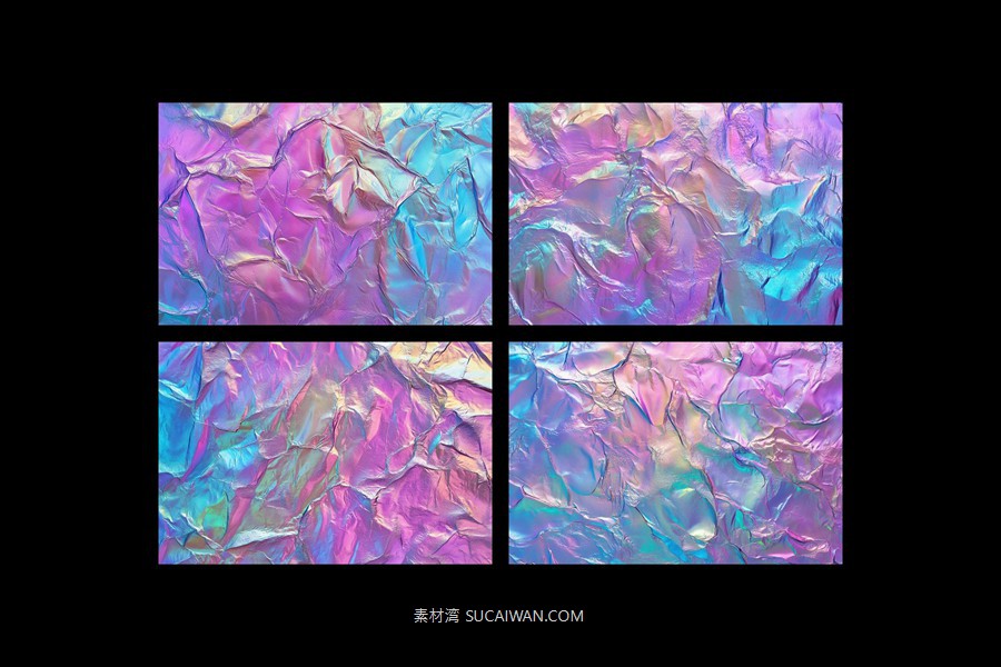超现实褶皱全息渐变褶皱金属铂纸jpg/psd格式背景图片设计素材 Holo Foil Textures , sucaiwan.com