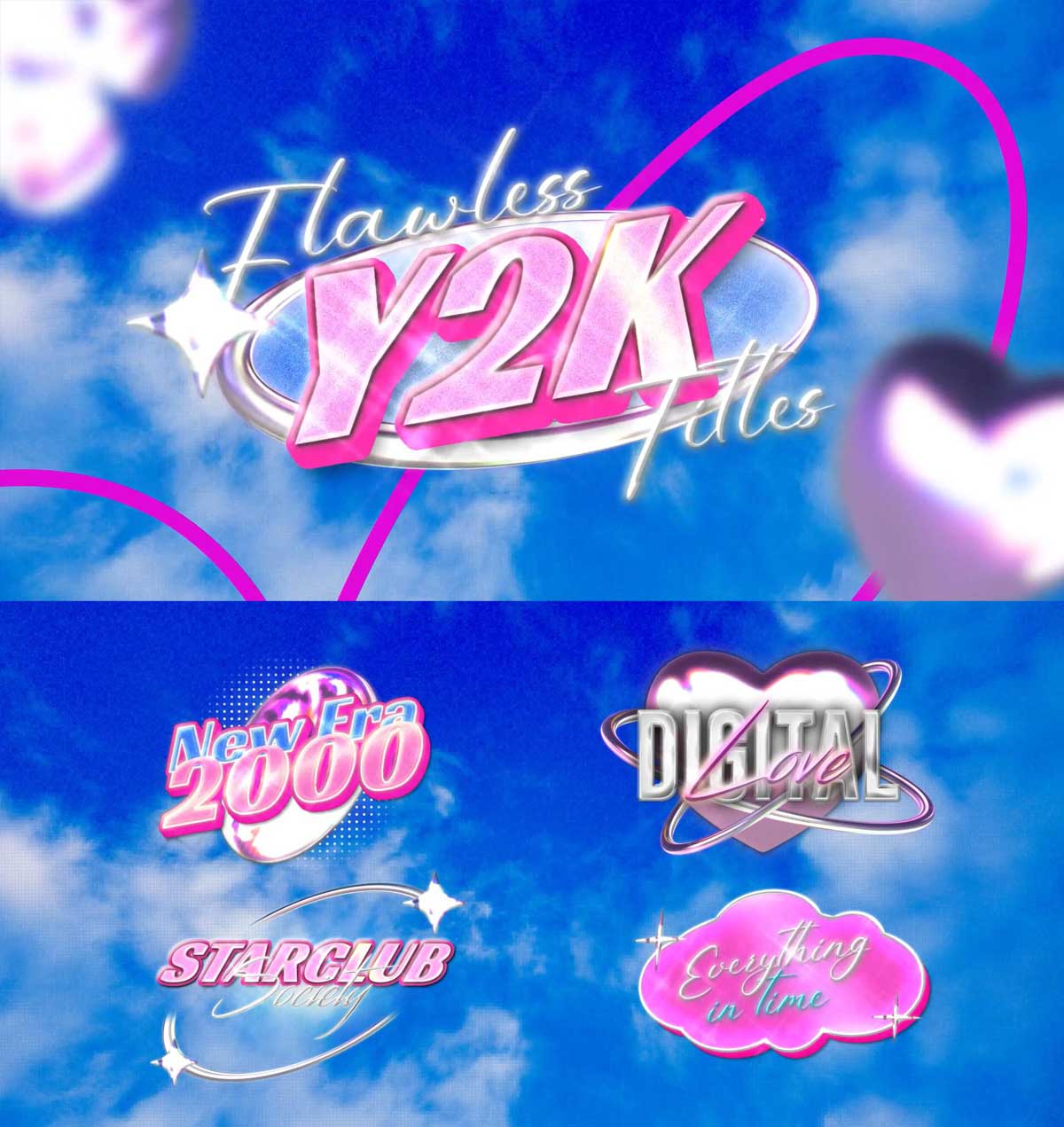 复古千禧Y2风格霓虹发光酸性镀铬金属短片音乐视频文字标题动画AE/PR模板 , sucaiwan.com